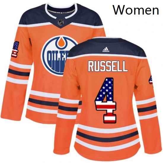 Womens Adidas Edmonton Oilers 4 Kris Russell Authentic Orange USA Flag Fashion NHL Jersey